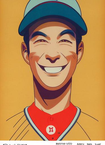 close up character portrait of manga cartoon style baseball player smiling with joy, symetrical face, symetrical proportions, cover illustration, litho print, dot matrix, decades of 1960 to 1970, 4 colour, retro, simple in style of akira yonekawa --ar 3:4 --upbeta --test --creative --upbeta