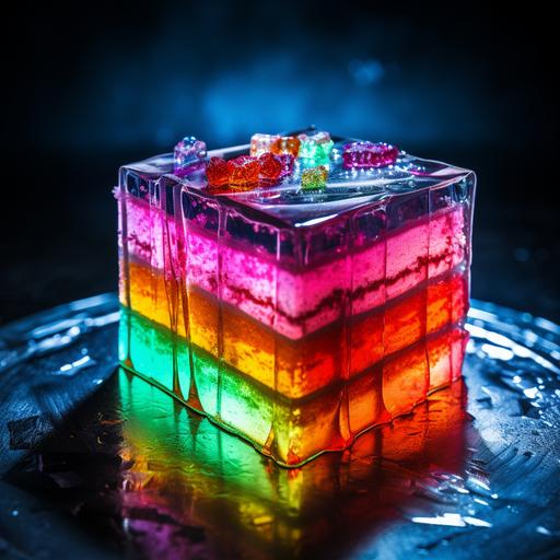 close-up food photography, a cake slice, cakr made of 74 layers in random colours and thicknesses, with different coloured jelly slices. Cube cake slice, vibrant neon food, cyberpunk cake