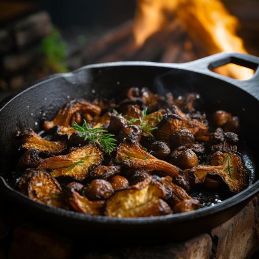 close-up food photography, morel mushrooms, sliced and lightly battered then fried in cast iron pan in golden butter