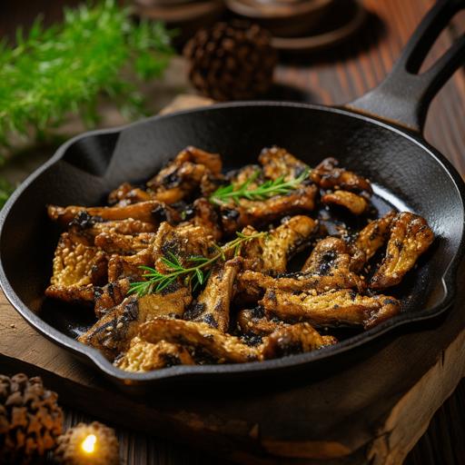 close-up food photography, morel mushrooms, sliced and lightly battered then fried in cast iron pan in golden butter --style raw