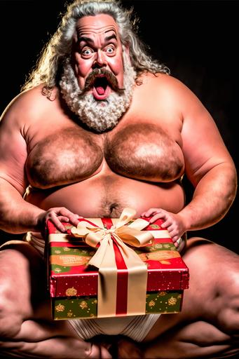 close-up, glamour photo of a beautiful scantily-clad jolly fat santa with a glorious white beard sitting squat legs apart on a present, celebrating yule, laughing, excited, Exquisite, exotic, leather, mature, big belly, Pin-Up , Fetishistic, curvaceous, Burlesque, Vivid and colorful, 8k, cinematic lighting, small-catchlight, low-contrast, High-sharpness, facial-symmetry, depth-of-field, ultra-detailed photography, vibrant color film photography, photorealistic, dynamic pose, sharp-focus, Dynamic composition, magical mood --ar 2:3 --chaos 70 --v 4