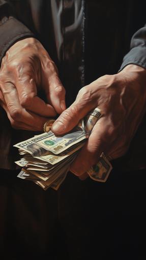 close up hand clutching money, oil painting style, photo realistic, hyper realistic, oil painting style, 8 k, --ar 9:16
