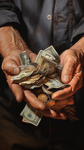 close up hand clutching money, oil painting style, photo realistic, hyper realistic, oil painting style, 8 k, --ar 9:16