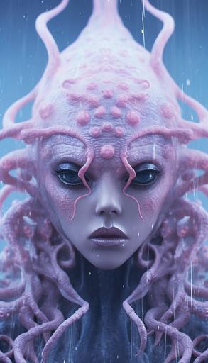 close-up, juxtaposition of a goth and dumbo octopus, yakuza tattoos, a portrait, featured on zbrush central, photorealism, baby jellyfish, portrait of a goth cottoncandygirl, singularity sculpted, floppy ears, demon jellyfish, by wlop, hairless:: the water is so cold that a vantapink goth is in it, in the style of experimental video art, liquid metal, low-angle shots, ommatidium, rhabdom, made of crystals, werkstätte, close-up shots, textured splashes --ar 4:7 --s 1000 --c 9 --q 2 --v 5.1