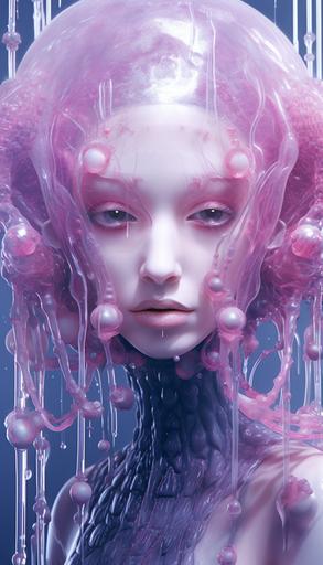 close-up, juxtaposition of a goth and dumbo octopus, yakuza tattoos, a portrait, featured on zbrush central, photorealism, baby jellyfish, portrait of a goth cottoncandygirl, singularity sculpted, floppy ears, demon jellyfish, by wlop, hairless:: the water is so cold that a vantapink goth is in it, in the style of experimental video art, liquid metal, low-angle shots, ommatidium, rhabdom, made of crystals, werkstätte, close-up shots, textured splashes --ar 4:7 --s 1000 --c 9 --q 2 --v 5.1