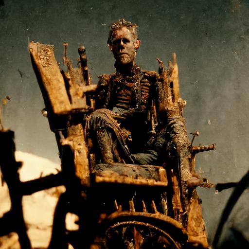 close-up movie shot of Chris Hemworth on a rusty iron throne, in post-apocalyptic cosplay, in Mad Max Fury Road, Greig Fraser cinematography, dark, interior