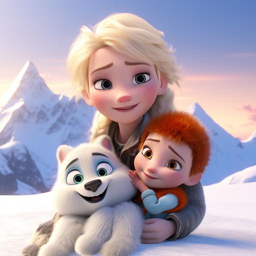 close up of Baby Elsa and close up of Baby Anna together with Olaf the snowman and a cute little furry dog on the top of a snowy mountain in Norway --v 5.2