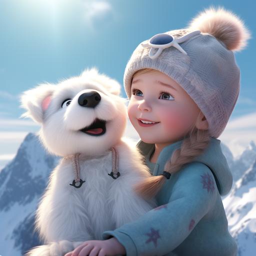 close up of Baby Elsa and close up of Baby Anna together with Olaf the snowman and a cute little furry dog on the top of a snowy mountain in Norway --v 5.2
