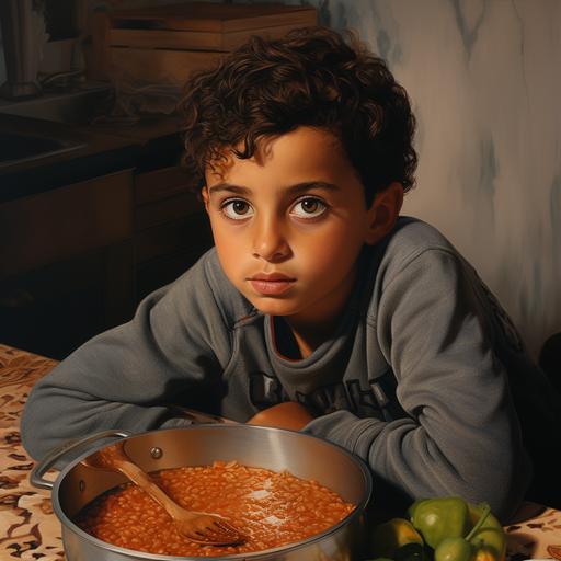 close up of a 7-year-old middle eastern boy eating in the kitchen, arab boy, candid shot, young child eating, middle-eastern, eating stew, kitchen table, hyperreal, hyperrealism, hyper-realism, daytime, candid