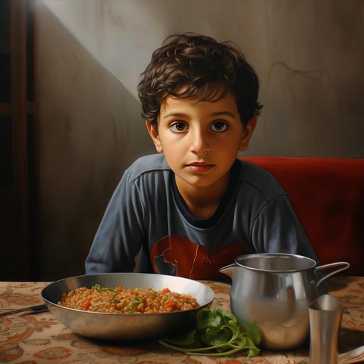 close up of a 7-year-old middle eastern boy eating in the kitchen, arab boy, candid shot, young child eating, middle-eastern, eating stew, kitchen table, hyperreal, hyperrealism, hyper-realism, daytime, candid