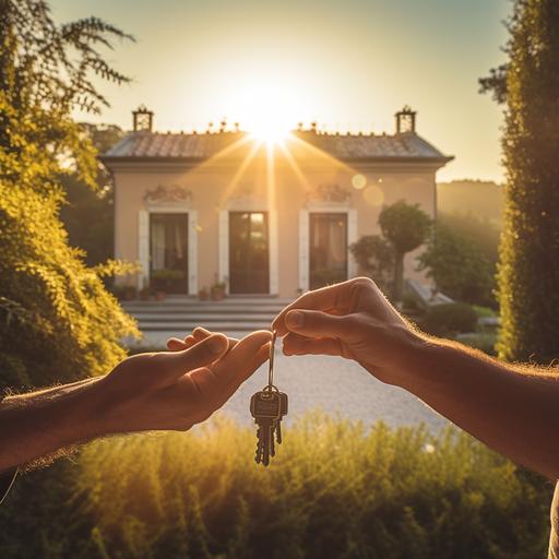 close up of a hand from an elegant man dropping a set of keys in another hand. The scene is set in the garden in front of the entrance of a Tuscany villa. Real photography super HD