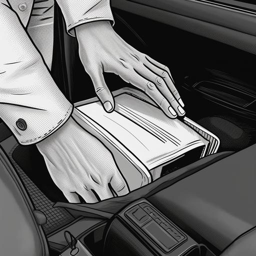 close up of a hand placing a box under a car seat, in the style of simple graphic black outlines, black and white line illustration, instruction manual inspired, digitally enhanced