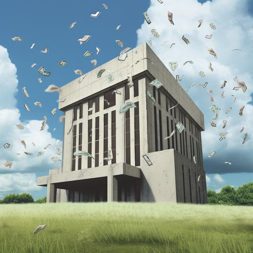 close up of a large concrete building. The builsing has grass beneth it. The sky is blue and the clouds are fluffy. Cartoon dollar bills are raining from the sky and in front of the camera. --v 5 --q 2 --s 50