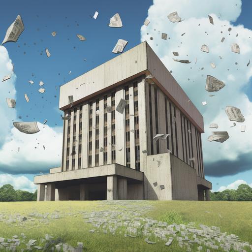 close up of a large concrete building. The builsing has grass beneth it. The sky is blue and the clouds are fluffy. Cartoon dollar bills are raining from the sky and in front of the camera. --v 5 --q 2 --s 50