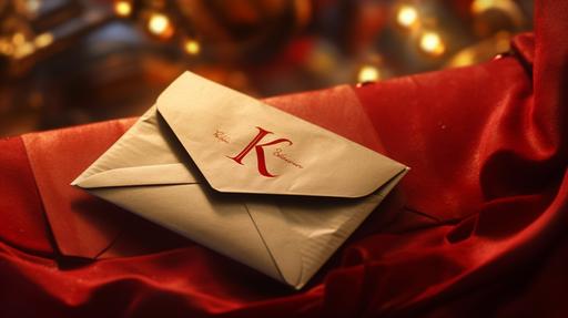 close up of a magical red Christmas envelope with a letter hanging out with a golden 