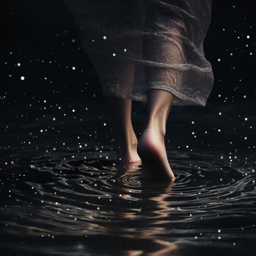 close up of a womens feet walking through a thin layer of water creating ripples in a dark space.