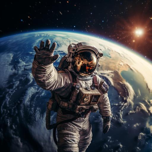 close up of an astronout from outer space waving with earth in the background