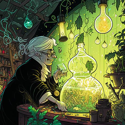 close up of an elegant middle-aged grey-haired witch herbologist casting a spell to bottle a spirit in a glowing terrarium jar on a workbench with a mortar and pestle in a green house surrounded by plants and glowing sparks and swirls of magic, art by Brian Kesinger --stop 99 --q 0.7 --v 4