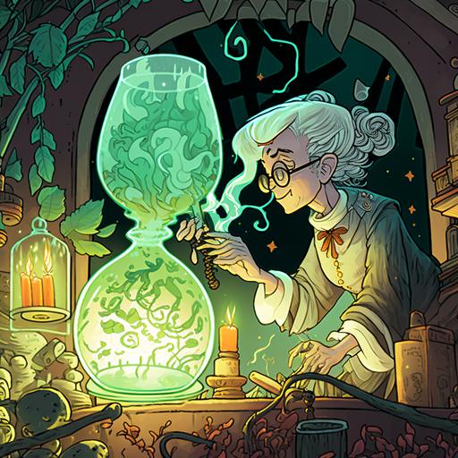close up of an elegant middle-aged grey-haired witch herbologist casting a spell to bottle a spirit in a glowing terrarium jar on a workbench with a mortar and pestle in a green house surrounded by plants and glowing sparks and swirls of magic, art by Brian Kesinger, Loish, and Cicely Mary Barker --stop 99 --q 0.7 --v 4