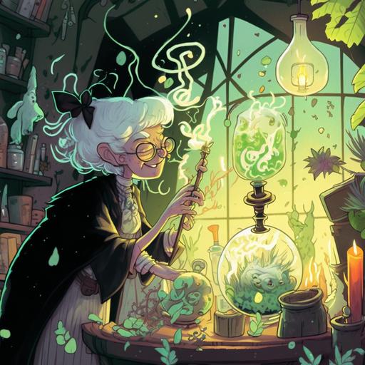 close up of an elegant middle-aged grey-haired witch holding a wand and casting a spell to bottle a spirit in a glowing terrarium jar on a workbench with a mortar and pestle in a green house surrounded by plants and glowing sparks and swirls of magic, art by Brian Kesinger --stop 99 --q 0.7 --v 4