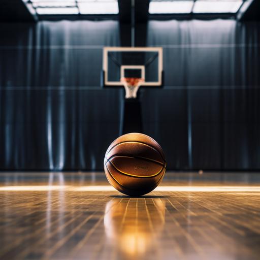 close up of black and gold basketball on an empty court, indoors