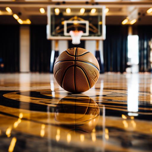 close up of black and gold basketball on an empty court, indoors
