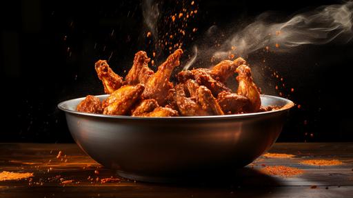 close up of bowl of chicken wings, spicy chicken wings with salts jumping in a metal bowl. --ar 16:9