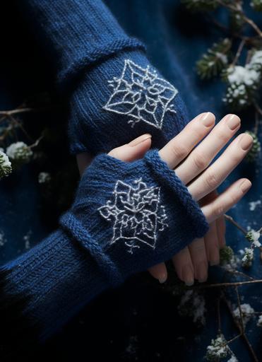 close-up of hand-knit gloves, Celestial Knitwear Collection Pattern Book, featured on Ravelry, Sacred geometry cubes triangles aesthetic, expert craftsmanship, --ar 8:11