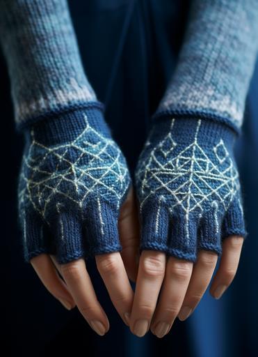 close-up of hand-knit gloves, Celestial Knitwear Collection Pattern Book, featured on Ravelry, Sacred geometry cubes triangles aesthetic, expert craftsmanship, --ar 8:11