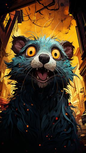 close up of hilarious scraggly cartoon binturong looking into the camera with one big eye, funny silly expression, eyebrow up, busy city street background filled with anthomorphic critters, cartoon illustration, colored ink, vivid colors --ar 9:16 --v 5.2 --s 500 --q 2