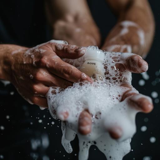 close up of male hand, wet, covered in soap foam, showing a small bottle of shampoo to the camera