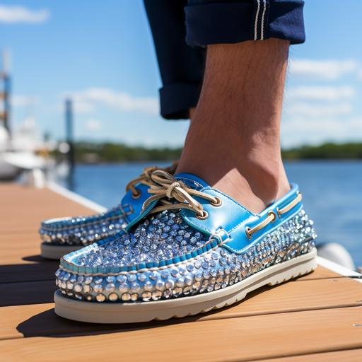 close up of man wearing expensive blue blinged out boat shoes on a dock. Shoes are diamond studded