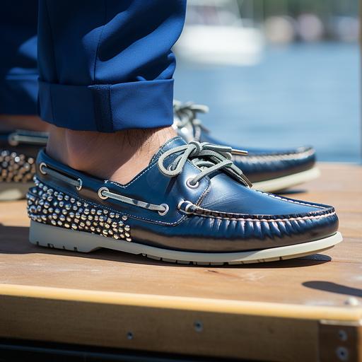 close up of man wearing expensive blue blinged out boat shoes on a dock. Shoes are diamond studded