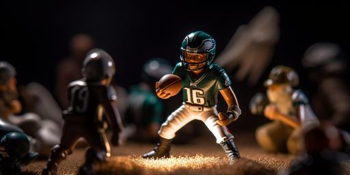 close up of philadelphia eagles nfl action figurine that is throwing a football a child is holding it pretending to play with them, the boy is in a tent with a flashlight with amazing lighting, fantastical, cinematic, dark, epic, --ar 2:1 --v 5 --quality 5
