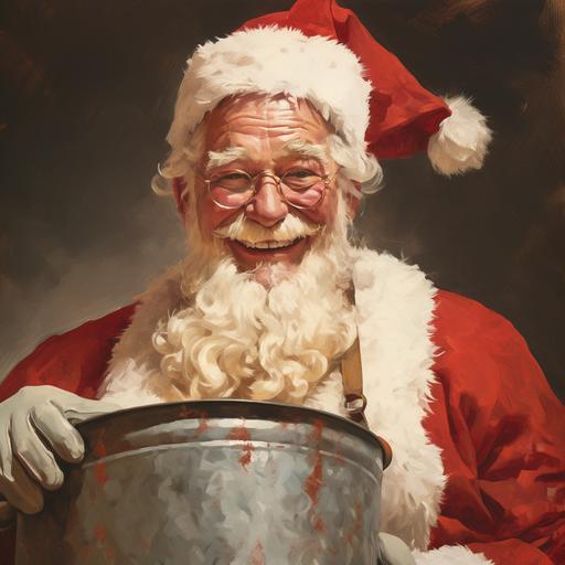 close up of santa, looking at a bucket of chicken, close up, smiling, in the style of norman rockwell