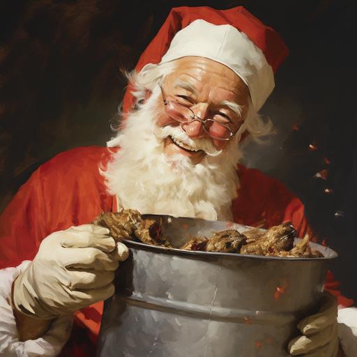 close up of santa, looking at a bucket of chicken, close up, smiling, in the style of norman rockwell