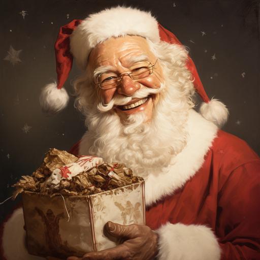 close up of santa, looking at a bucket of kentucky fried chicken, close up, smiling, in the style of norman rockwell