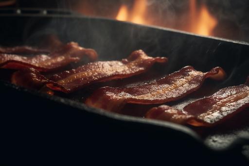 close up of strips of bacon cooking in a cast iron pan, sizzling bacon, cinematic lighting --v 5 --ar 3:2