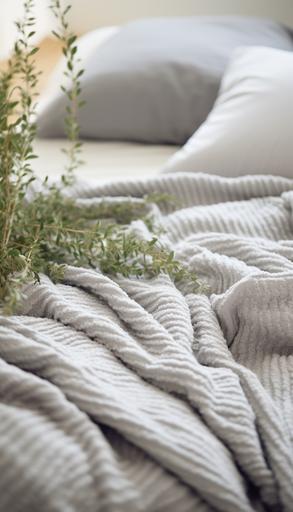 close-up of the finely striped heather gray fabric of a fluffy down duvet placed on a bed in a modern, cozy bedroom interior. soft and bright daylight, touch of rattan, natural materials, plant --ar 4:7