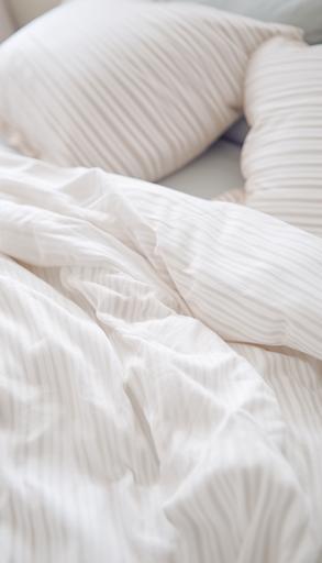 close-up of the finely striped heather white fabric of a fluffy down duvet placed on a bed in a cozy bedroom interior. soft and bright daylight --ar 4:7