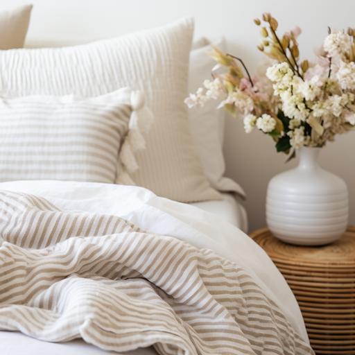 close-up of the finely striped heather white fabric of a fluffy down duvet an interior design concept of a bedroom with a white linen bed frame, cozy decor, neutral colors, natural light, candle, inspired by studio mcgee