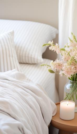 close-up of the finely striped heather white fabric of a fluffy down duvet an interior design concept of a bedroom with a white linen bed frame, cozy decor, neutral colors, natural light, candle, inspired by studio mcgee --ar 4:7