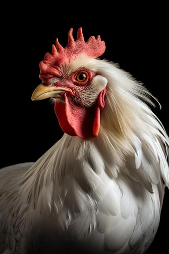 close up on the white rooster on the 🪞 surface which it is standing on. spot lighting, portrait photography. high value rare rooster breed --ar 2:3 --v 5