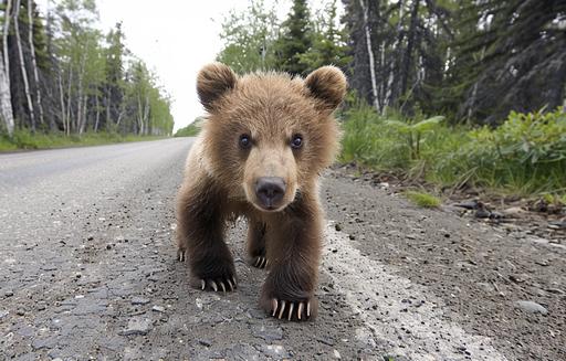 close-up panoramicophotograph looking-up at advancing paws of concerned, surprised and excited fuzzy-obese baby-Bear: struts, taking his first steps down an Alaskan road; The adorable Cub is leaning way back clumsily, as he takes huge steps --ar 14:9 --v 6.0