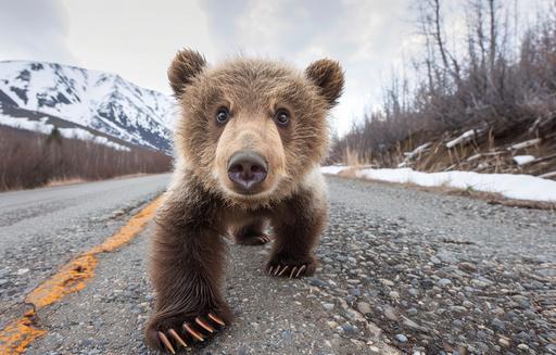 close-up panoramicophotograph looking-up at advancing paws of concerned, surprised and excited fuzzy-obese baby-Bear: struts, taking his first steps down an Alaskan road; The adorable Cub is leaning way back clumsily, as he takes huge steps --ar 14:9 --v 6.0