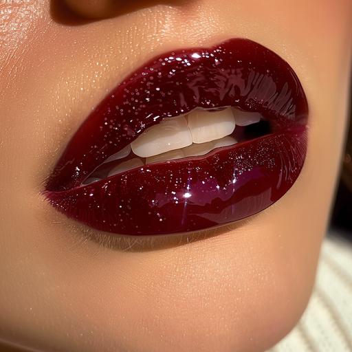 close up photo, jucie lips with semitransparent glosy lip oil in cherry cola color