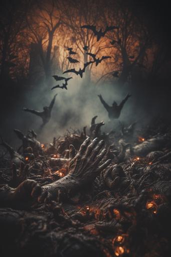 close up, photo realistic, 4k, hand coming out of a grave reaching towards the subject, obey giant style background, holoween theme, bats, ghosts, cold gradient colour blends, industrial colors, spooky background --style raw --s 250