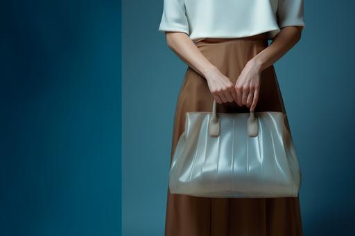 close-up photograph of a beautiful woman's perfect vulnerable hand and features is holding a sheer light blue pleated leather Birkin bag inspired by Junya Watanabe in front of a muted brown background minimalistic. soft overhead lighting. perfect details. Photo studio, environment v5