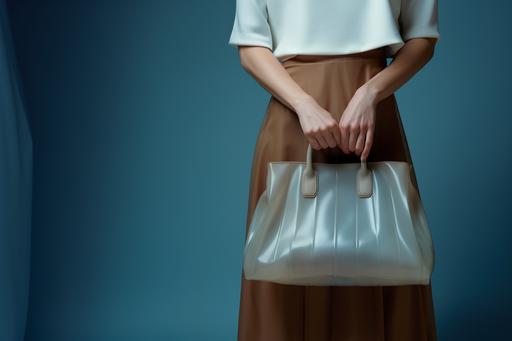 close-up photograph of a beautiful woman's perfect vulnerable hand and features is holding a sheer light blue pleated leather Birkin bag inspired by Junya Watanabe in front of a muted brown background minimalistic. soft overhead lighting. perfect details. Photo studio, environment v5