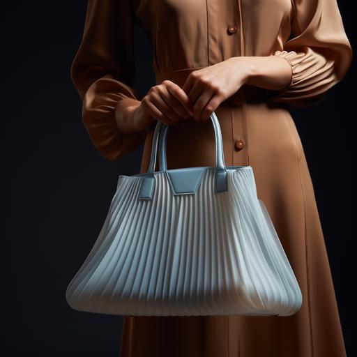 close-up photograph of a beautiful woman's perfect vulnerable hand and features is holding a sheer light blue pleated leather Birkin bag inspired by Junya Watanabe in front of a muted brown background minimalistic. soft overhead lighting. perfect details. Photo studio, environment v5